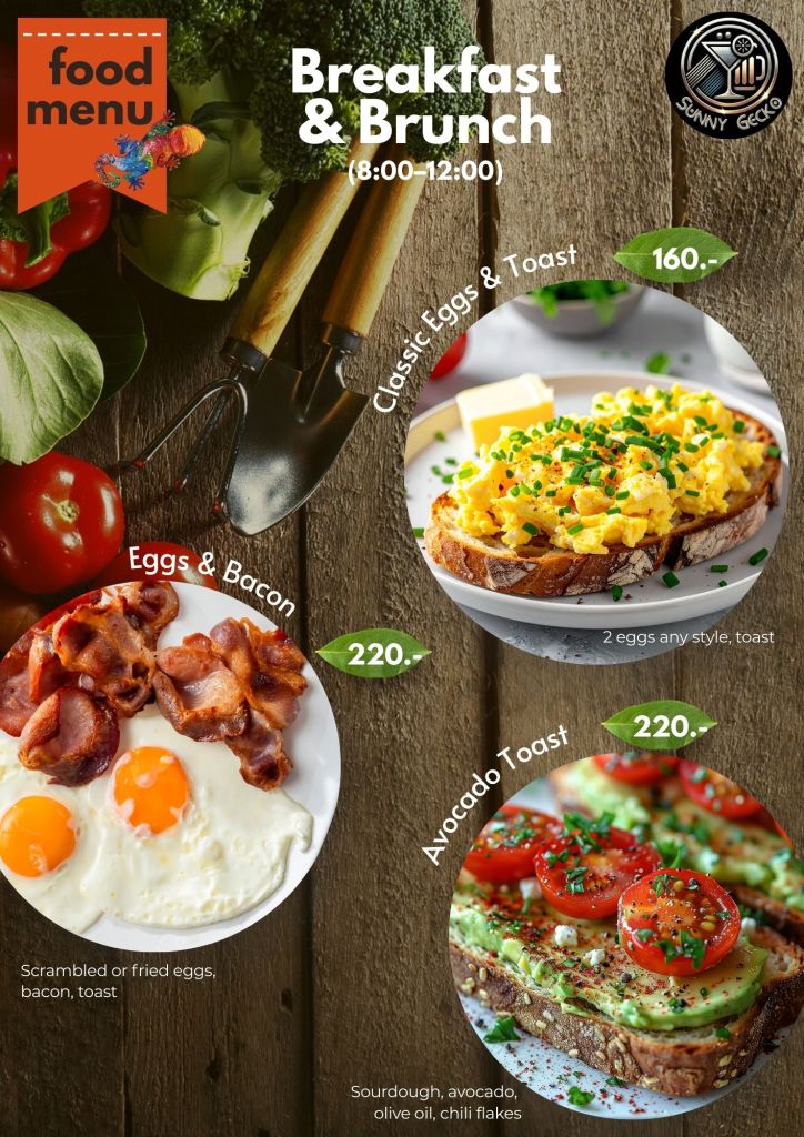 Breakfast and brunch menu at Sunny Gecko in Lamai, Koh Samui featuring eggs, bacon, and avocado toast