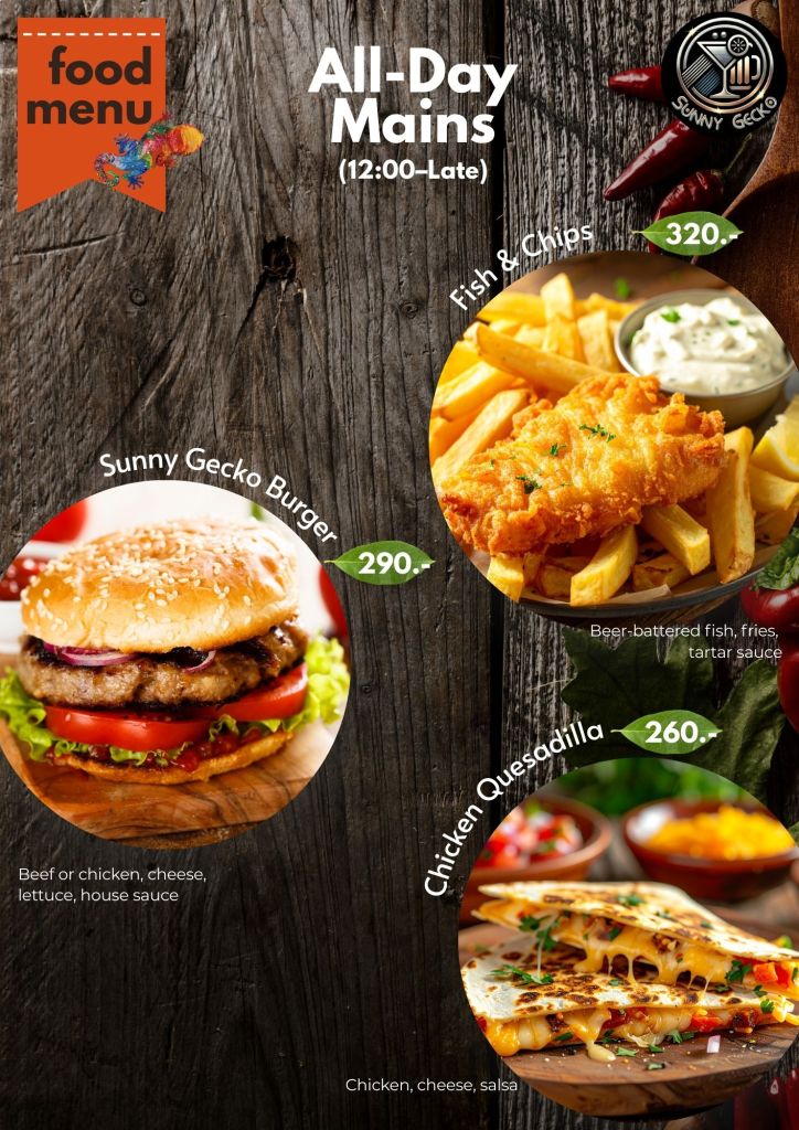 All-day food menu at Sunny Gecko in Lamai, Koh Samui with burger, fish and chips, and chicken quesadilla