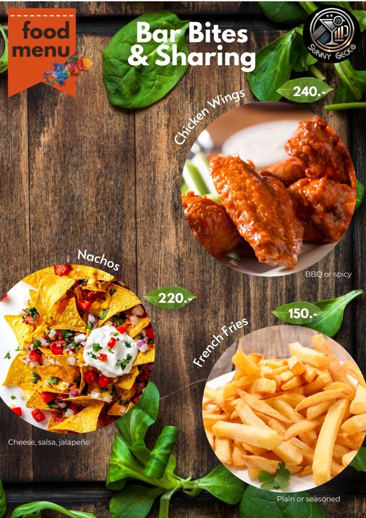 Bar bites and sharing food at Sunny Gecko in Lamai, Koh Samui including chicken wings, nachos, and fries