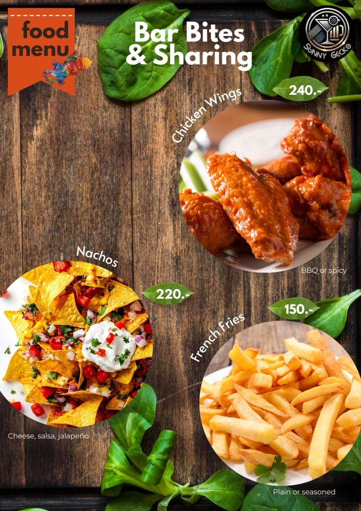 Food menu featuring bar bites and sharing options including chicken wings, nachos, and French fries with prices.