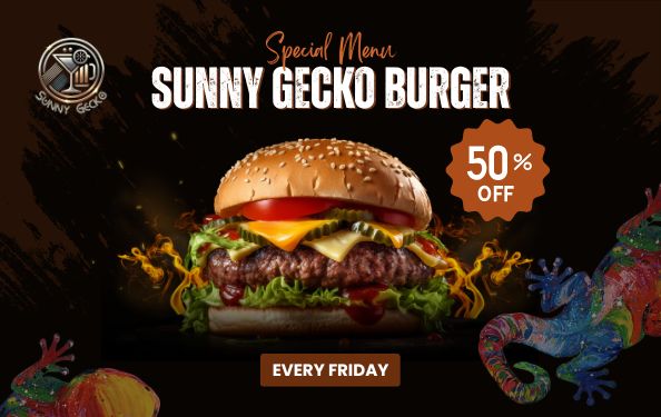 Sunny Gecko burger special with fries at bar in Lamai Koh Samui
