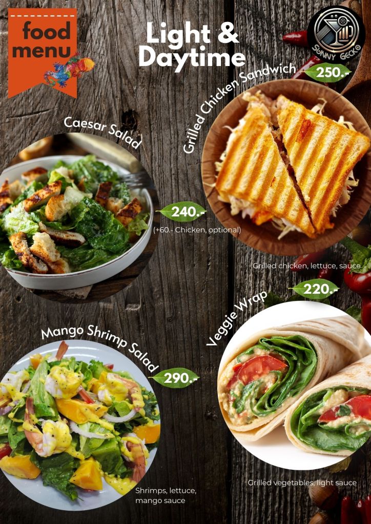 Light daytime food at Sunny Gecko in Lamai, Koh Samui with salads, wraps, and grilled sandwiches