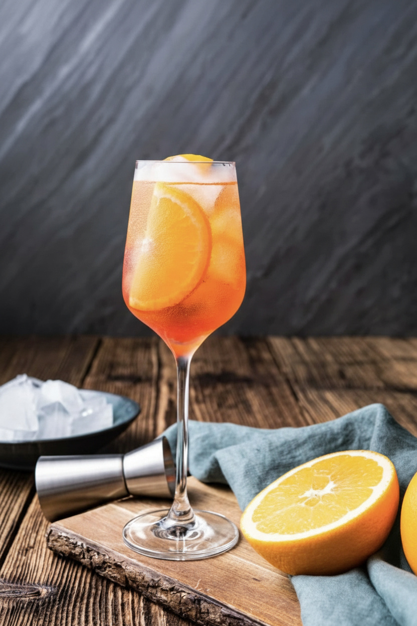 A refreshing cocktail with orange slices served in a tall glass on a wooden surface, accompanied by a bowl of ice and cut oranges.