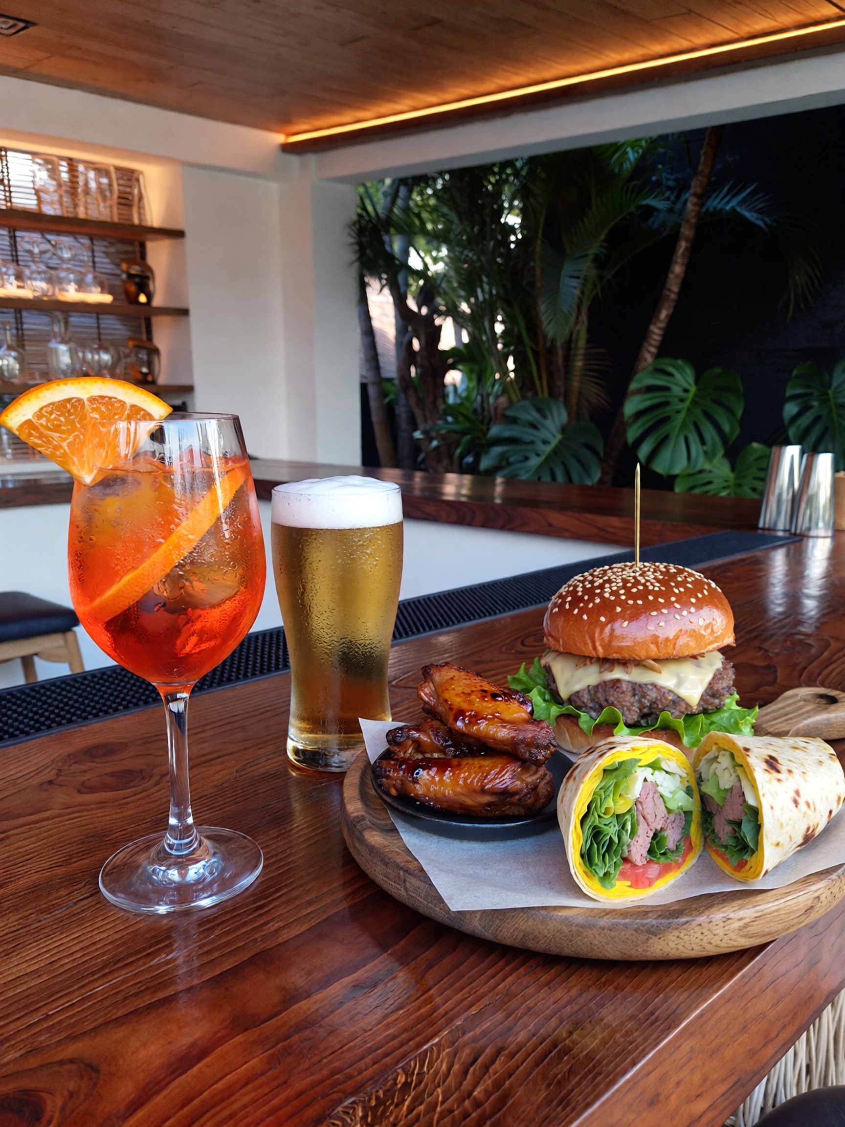 Aperol Spritz, cold beer, burger, chicken wings and wraps served at Sunny Gecko bar in Lamai, Koh Samui.