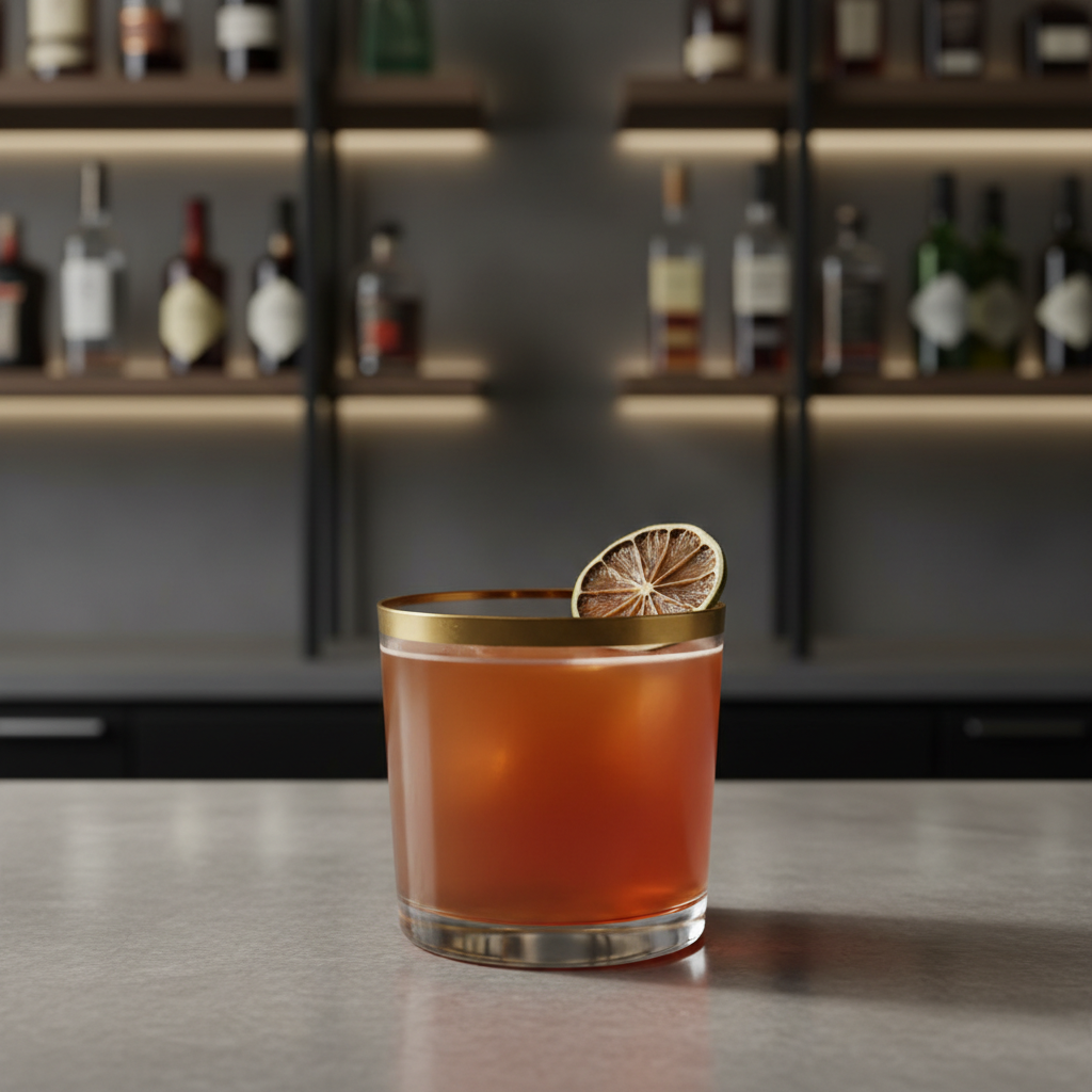 A sleek, geometric cocktail glass with a matte gold rim filled with a vibrant, deep orange tropical drink, garnished with a thin slice of sun-dried lime. The glass sits atop a cool, smooth grey-stone bar counter with subtle reflective qualities. Gentle, diffused ambient lighting from above creates soft, graceful highlights on the liquid and glass, casting well-defined yet understated shadows on the counter. In the background, minimalist shelves with neatly arranged bottles fade softly into a blurred, muted palette. Captured from an eye-level perspective, the scene radiates a sophisticated and inviting mood with a sense of refined simplicity, perfectly embodying a modern bar environment suitable for a premium food and beverage website.