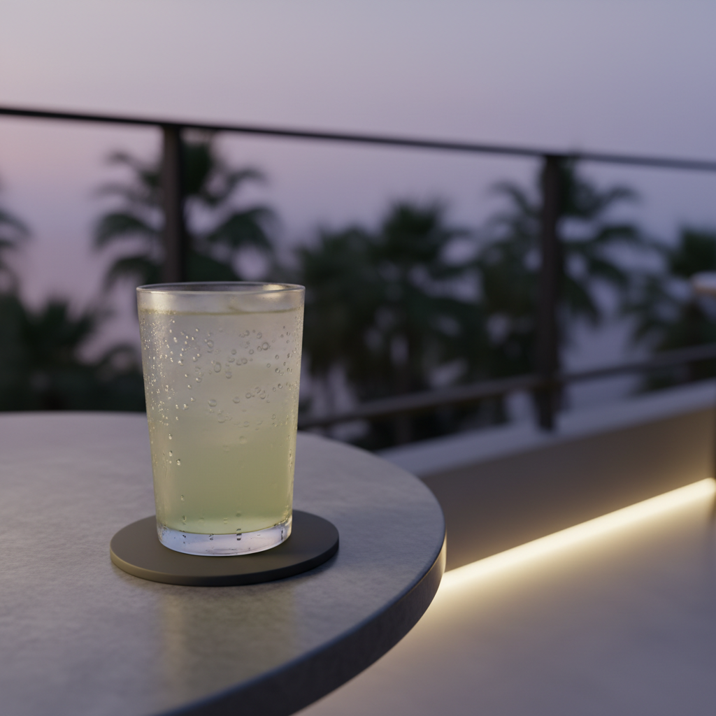 A cool, frosted glass of artisanal pineapple-mint soda, beaded with tiny droplets of condensation, rests on a matte black coaster atop an elegant stone-topped patio table. Beyond the table’s edge, the minimalist railing hints at a distant, blurred view of palm trees under muted twilight. Soft, indirect evening light plus the ambient glow from subtle perimeter LEDs merge to create delicate highlights, enhancing the drink’s pale yellow-green hues. The camera’s slightly elevated angle and shallow depth of field focus the viewer’s gaze on the refreshing drink, evoking a sophisticated sense of relaxation at this modern, Lamai-based bar.