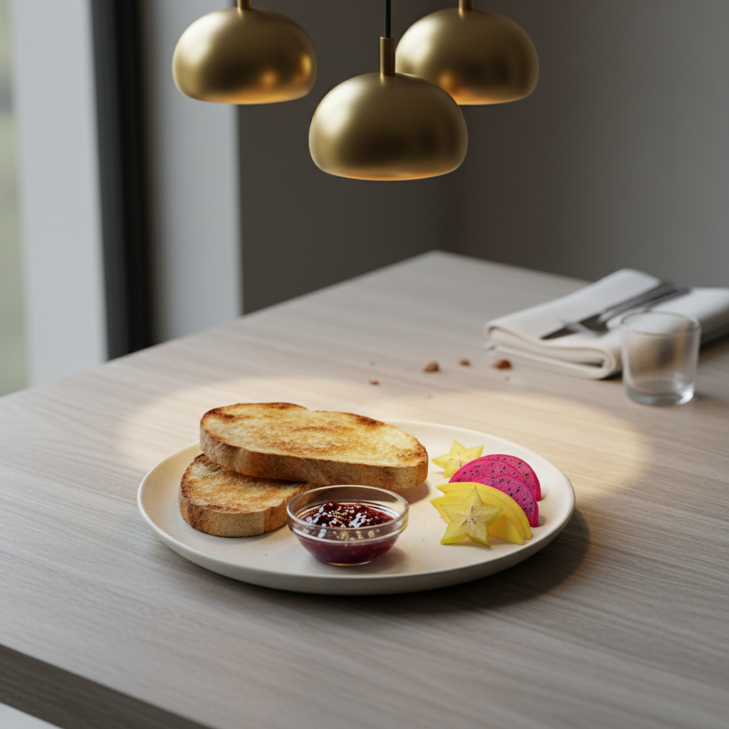 An elegantly styled ceramic breakfast plate featuring a minimalist arrangement of freshly baked sourdough toast, a small glass dish of homemade berry jam, and finely sliced tropical fruit. The plate rests on a finely grained wooden table with an elegantly muted grey-stain, near an edge where overhead pendant lights create subtle, soft-edged spot highlights. Natural early morning light gently fills the room from the left, adding a gentle brightness and casting faint, elongated shadows. Background details are sparse, focusing attention on the plate with a shallow depth of field. This balanced composition conveys a serene, sophisticated, and welcoming breakfast atmosphere, reflecting modern culinary refinement in a photographic, minimalist style.